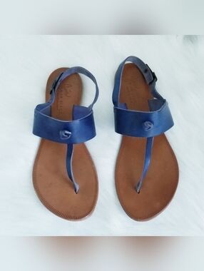 Joie A LA PLAGE Blue Leather T-Strap Ankle Strap Sandals Made in Italy Sz 37 1/2